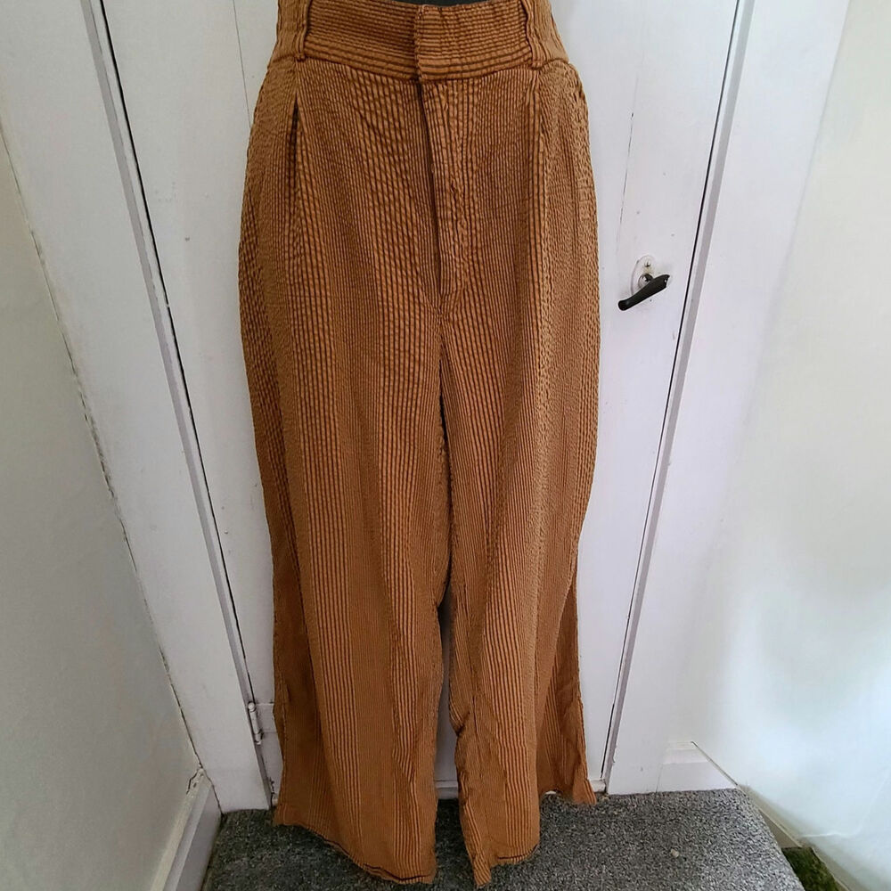 Free People Stripe Wide Leg Pants Small Boho Pull On Camel Brown Resort Lounge